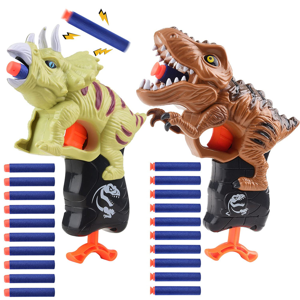 Happitry dinosaur gun with T-Rex design, perfect for imaginative toddler play indoors.