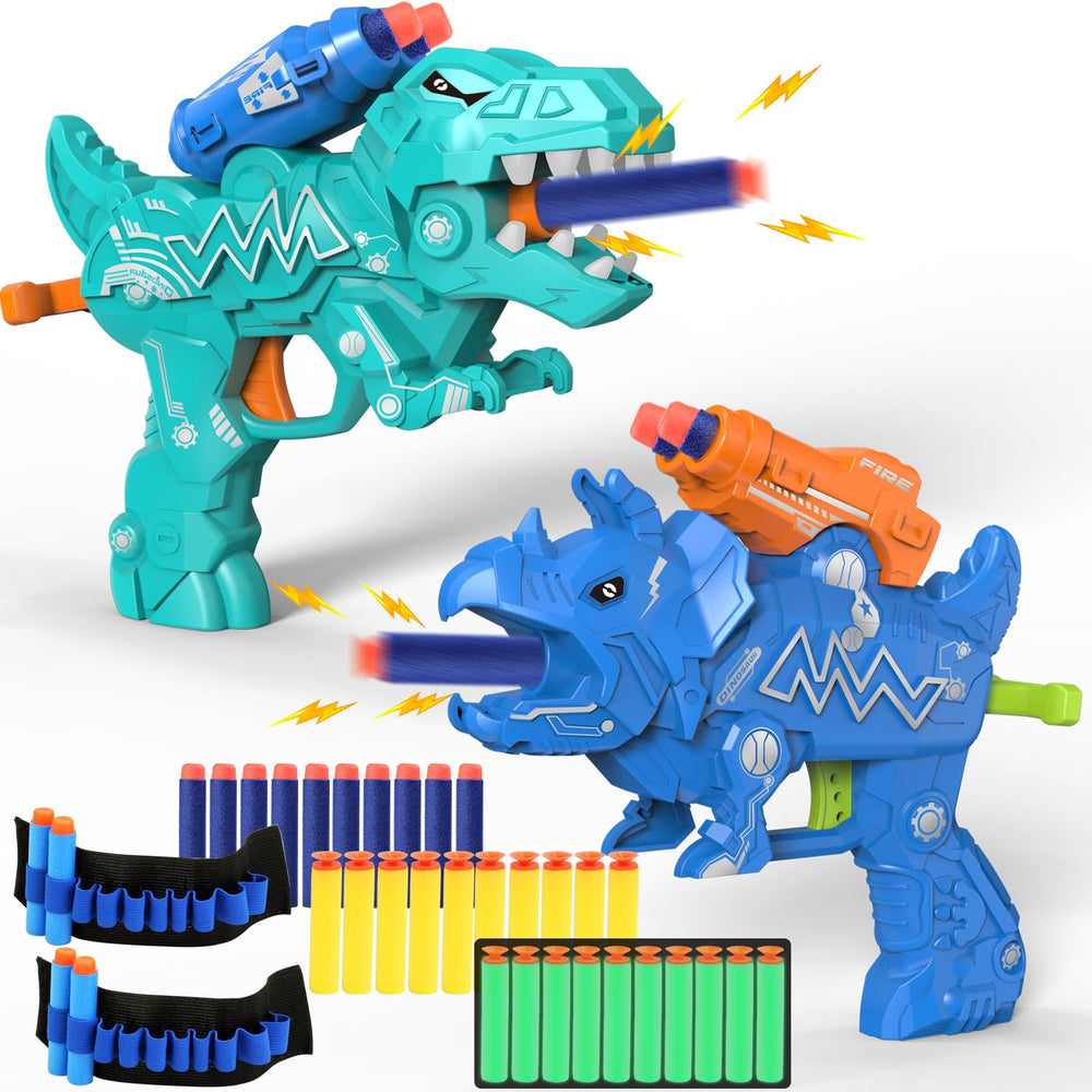 Happitry dinosaur toy gun pull-back action for toddlers, easy handling and coordination.