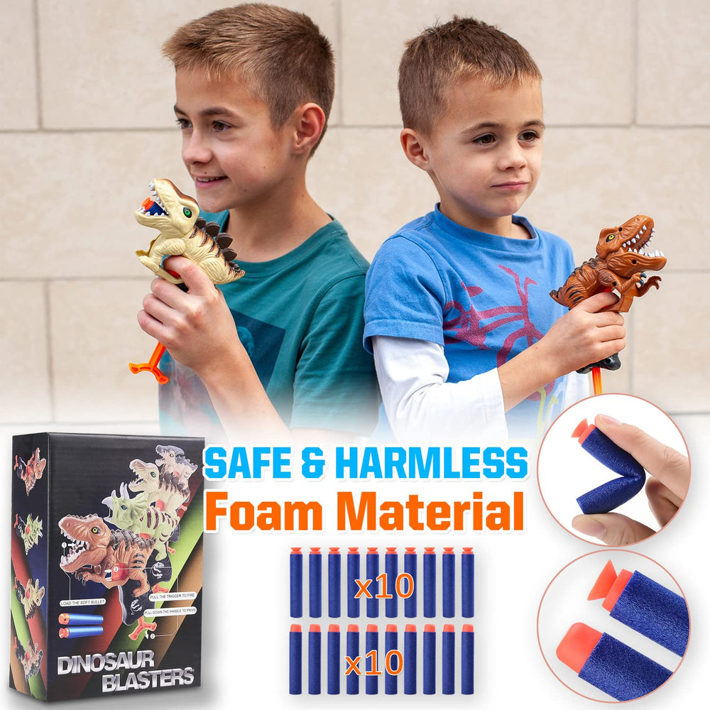 Happitry two-pack dino blaster in hand illustrates portable play.