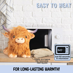 Happy Fuel Highland Cow microwavable wrap demonstrating long-lasting warmth for bedtime.