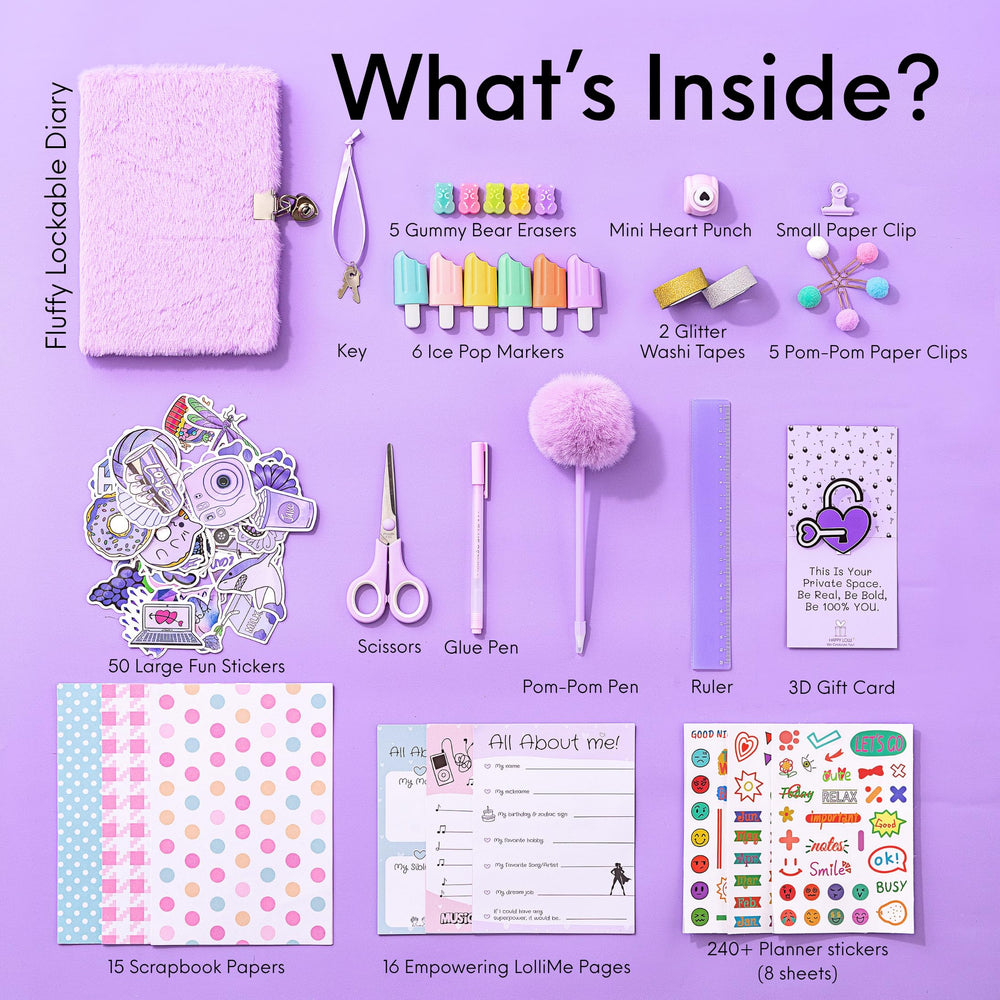 Purple LolliME diary pages from HAPPY LOLLI for creative prompts and storytelling