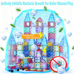 HAPPYMATY 106-piece magnets with 2 cars in action encourage imaginative play.