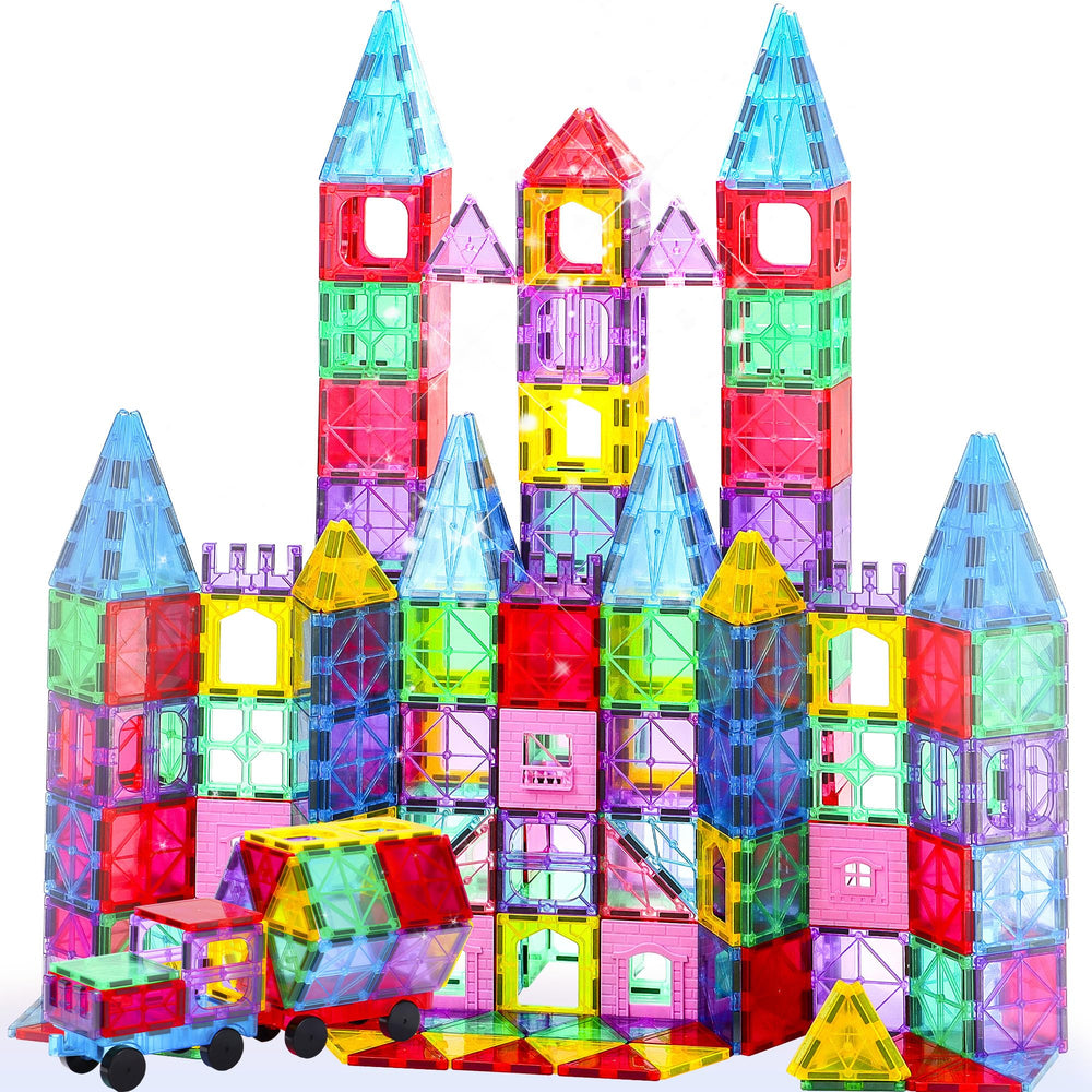 HAPPYMATY upgraded antibacterial magnetic tiles kit on table for safe, creative building.