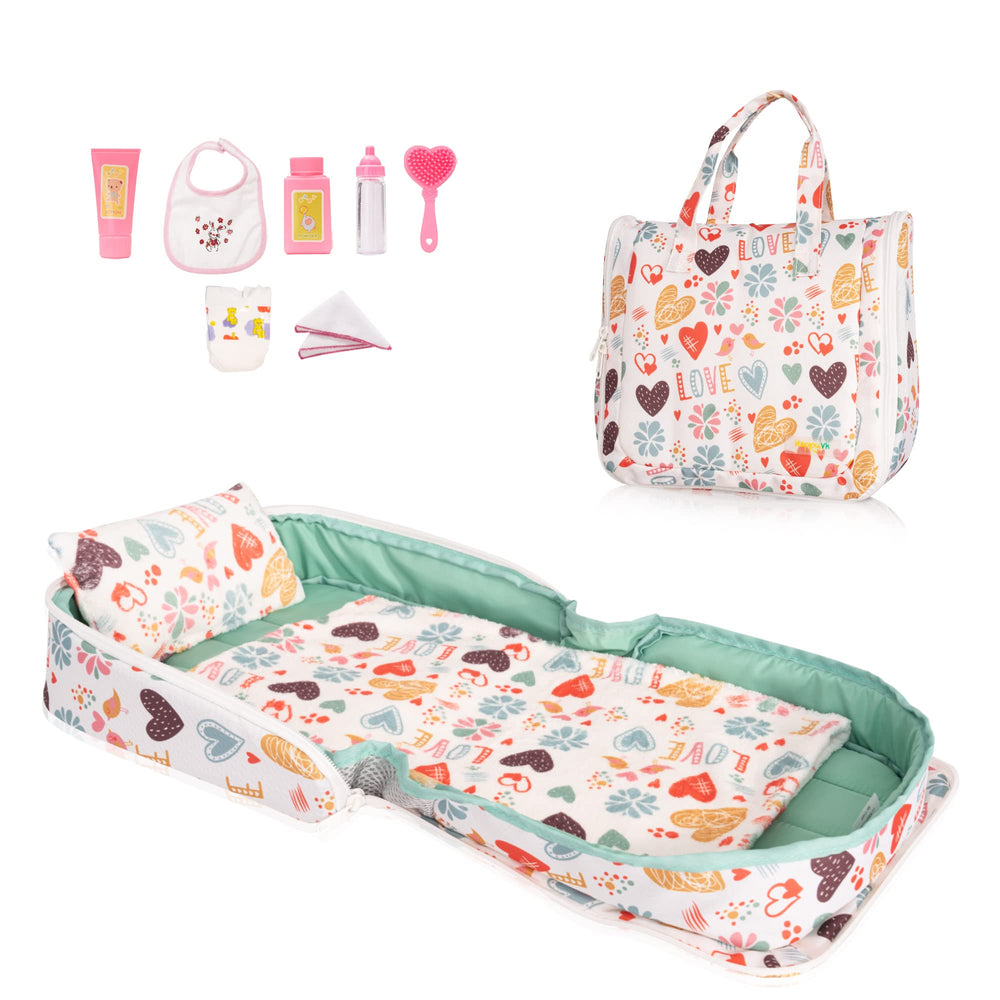 HappyVk Baby Doll Bed Set handbag-convertible for portable pretend play with dolls up to 21 inches.