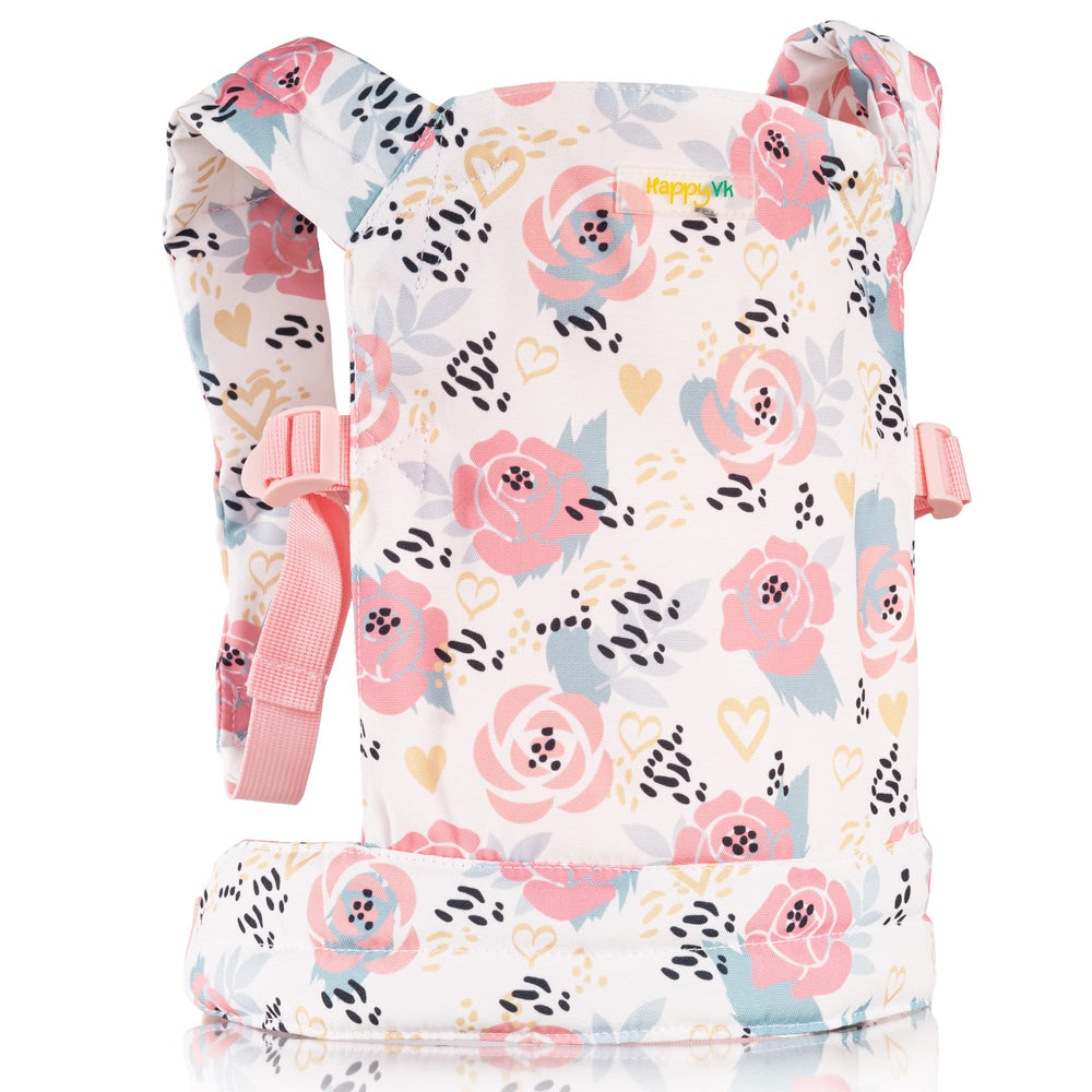 HappyVk baby doll carrier with pink roses, ideal for imaginative play and secure front-carrying.