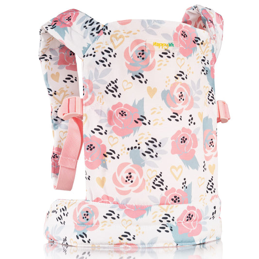 HappyVk baby doll carrier with pink roses, ideal for imaginative play and secure front-carrying.