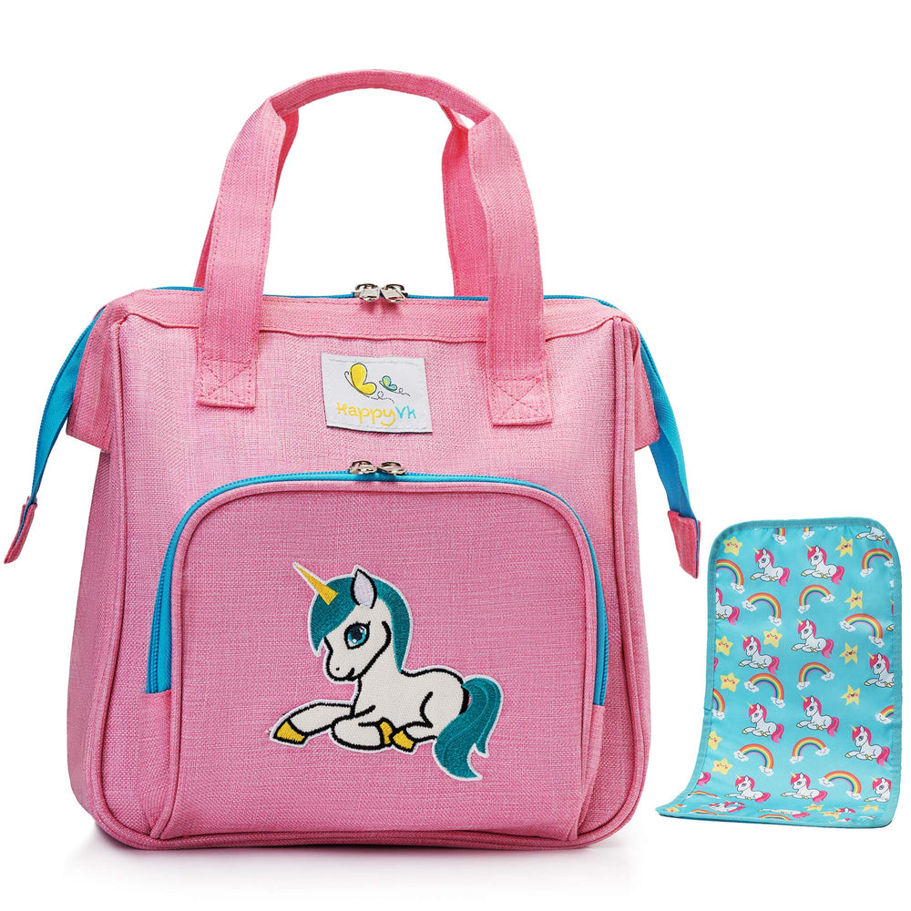 HappyVk pink doll diaper bag with changing pad front view showing spacious main compartment for doll accessories