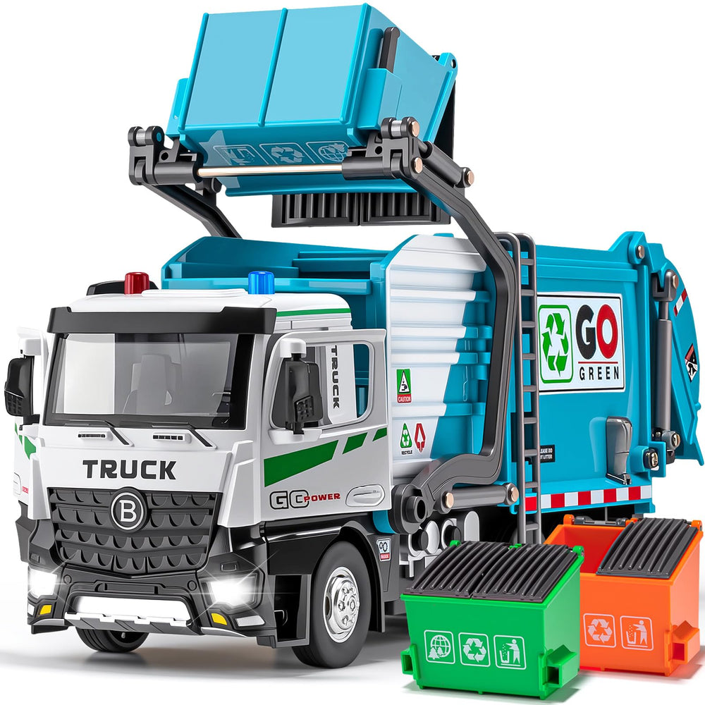 HAPYAD auto-lift trash truck blue front view, durable play