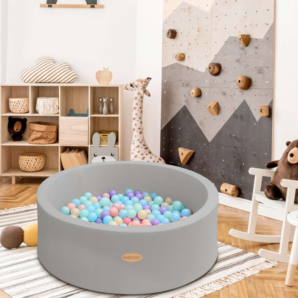 Harbolle gray ball pit blends with modern nursery decor.
