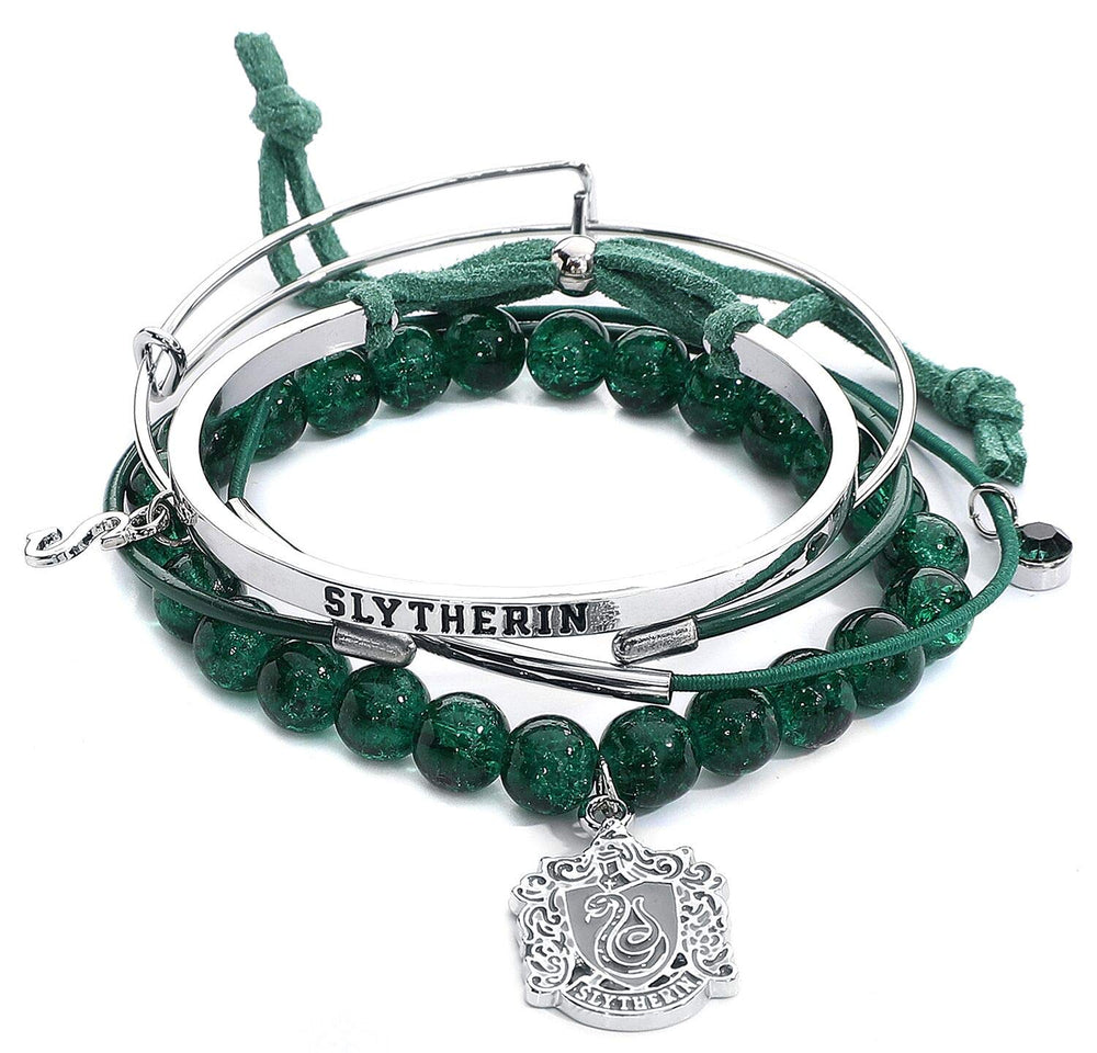 Harry Potter Slytherin arm party bracelet set close-up on polished metal charms for daily fandom style