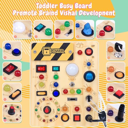 HarVow Busy Board LED lights close-up showing colors and patterns for sensory exploration.