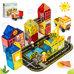 HarworLife magnetic tiles road set with fire trucks and cranes for imaginative city play.