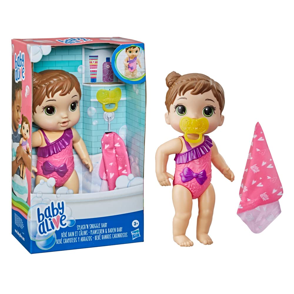 Hasbro Baby Alive Splash'n Snuggle brown hair doll in swimsuit ready for water play