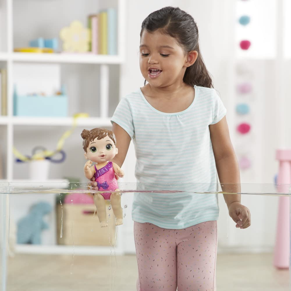 Detail shot of Hasbro Splash'n Snuggle brown hair and swimsuit on doll