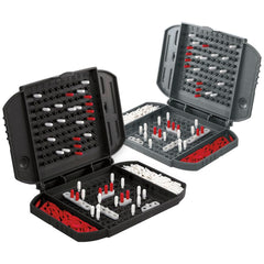 Hasbro Battleship Grab and Go built-in storage keeps pegs organized.