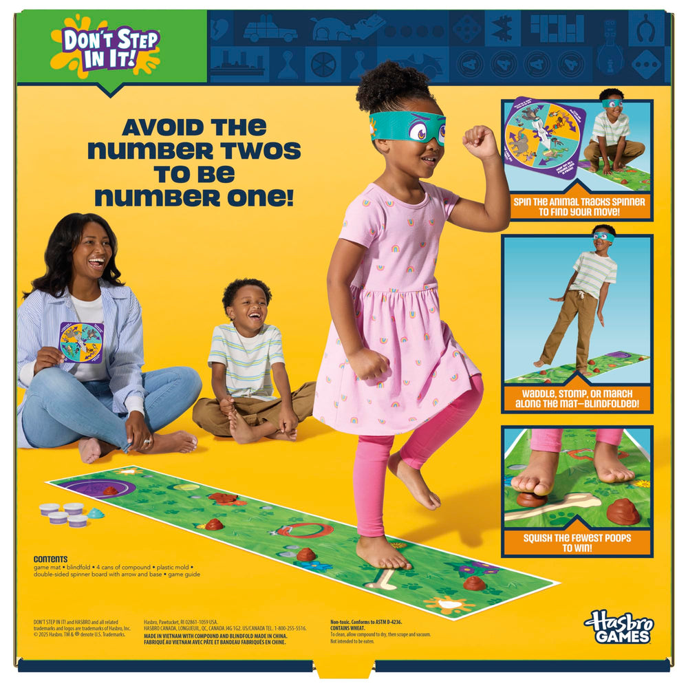Hasbro Gaming Don't Step in It! Blindfolded player crossing the mat amid giggles