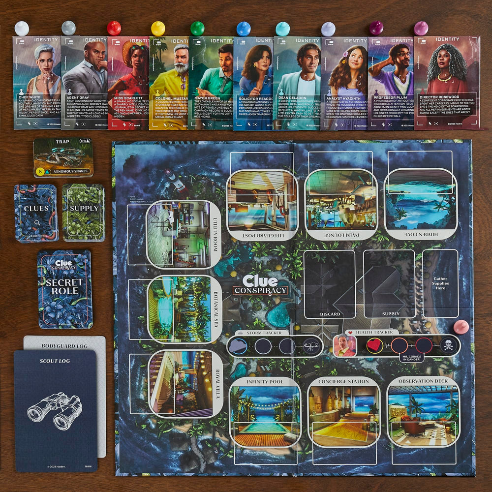 Hasbro Clue Conspiracy game board shows tropical resort setting for immersive clues.