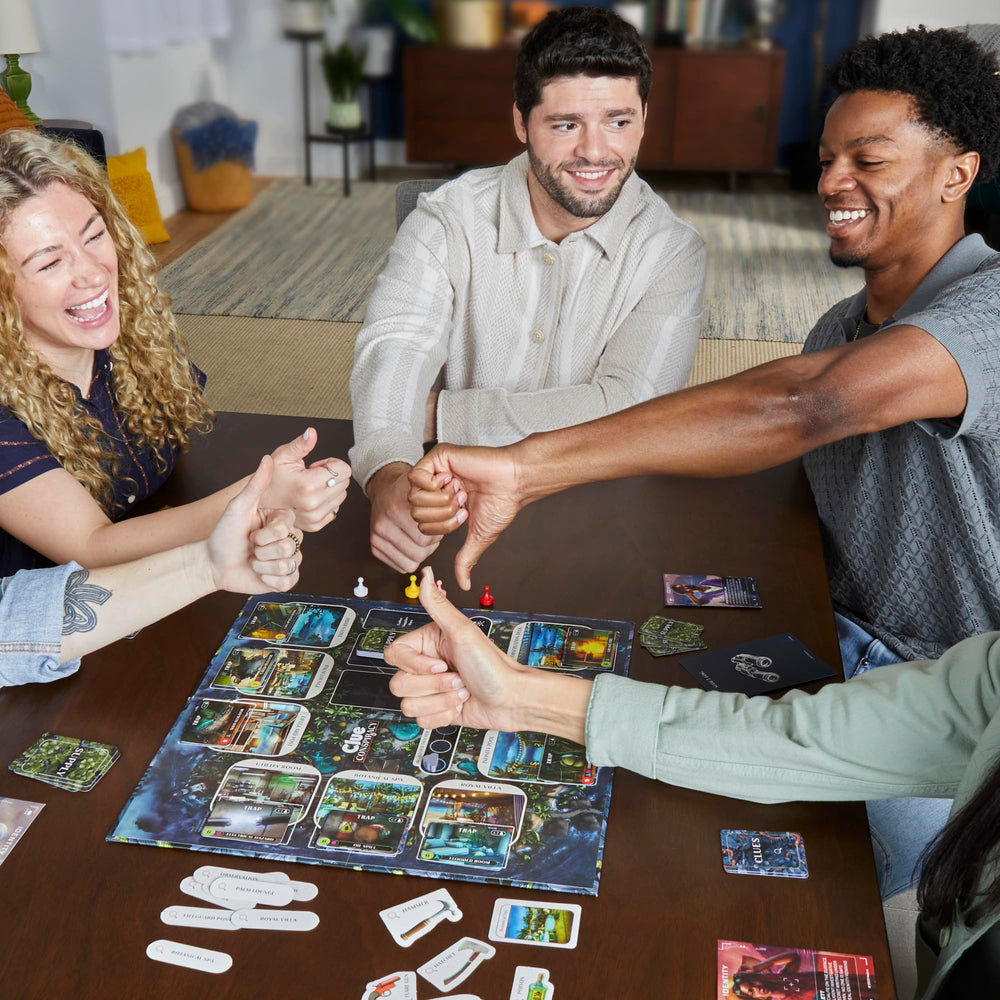 Hasbro Clue Conspiracy player tiles support team-based bluffing and alliance tracking.