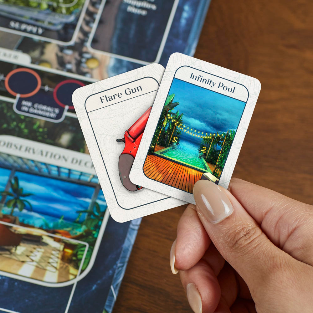 Hasbro Clue Conspiracy tropical resort setting sparks thematic storytelling and role play.