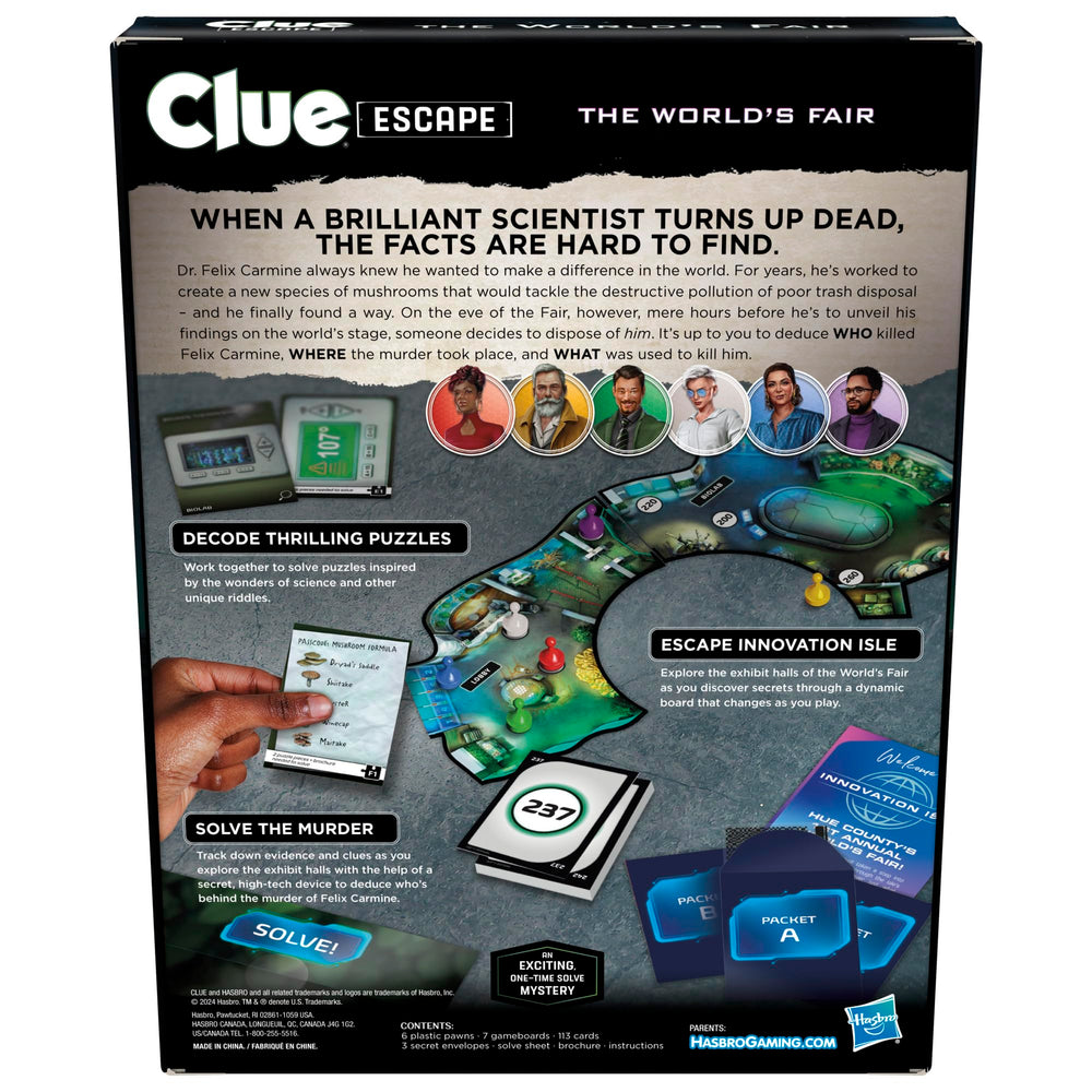 Hasbro Gaming Clue Escape World’s Fair pawns moving across the board during play.