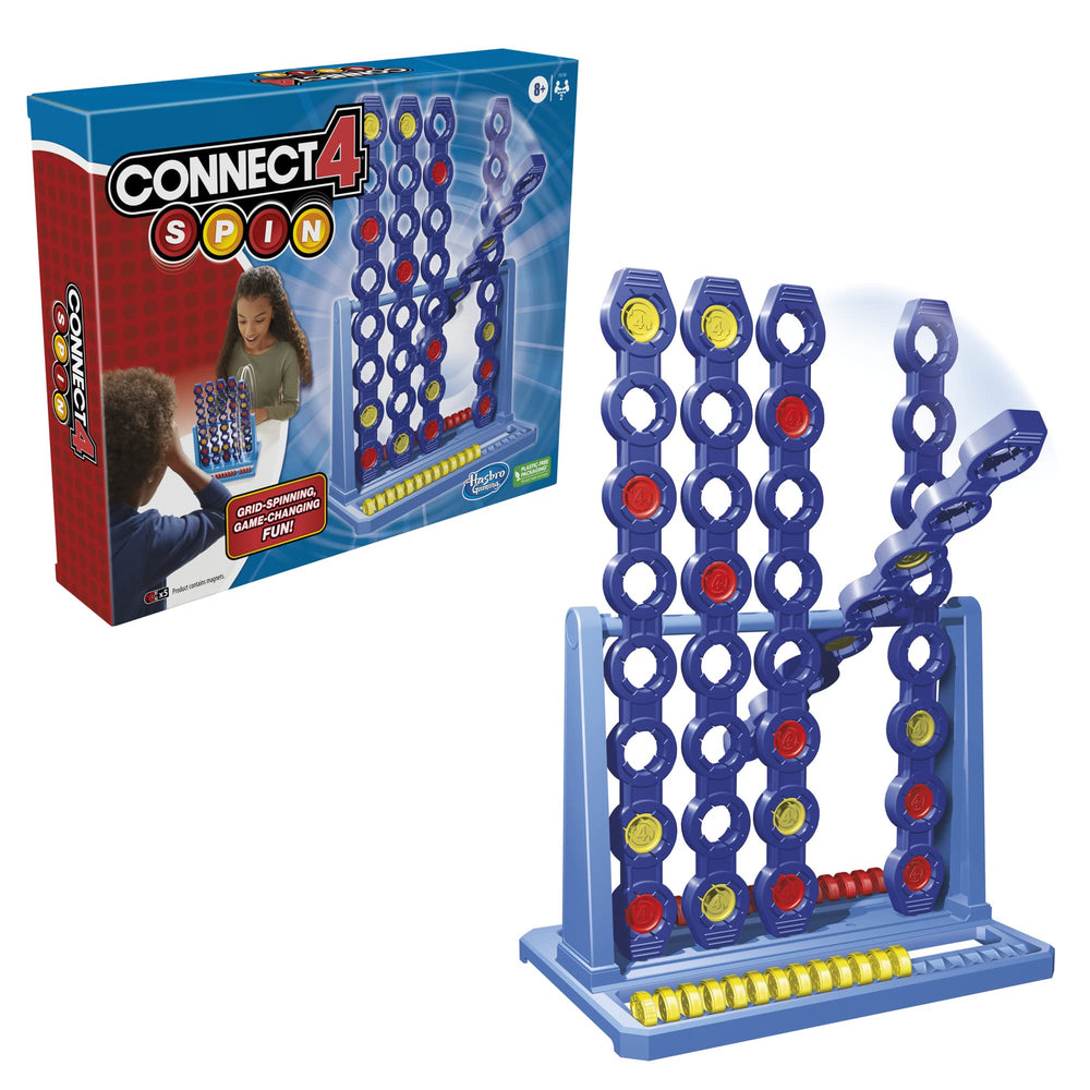Hasbro Gaming Connect 4 Spin grid close-up showing the spinning column for dynamic two-player challenge.