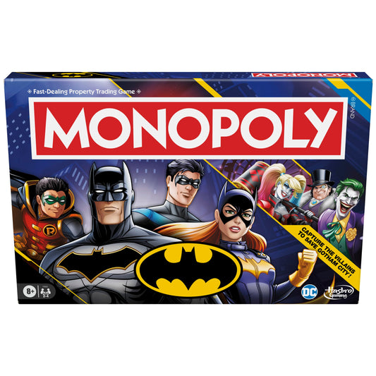 Hasbro Gaming Monopoly Batman Edition board-game-cover highlights Batman, ideal for display before game night.