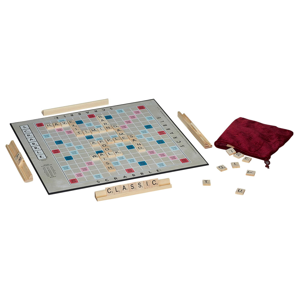 Hasbro Gaming Scrabble 1949 edition velvet tile pouch keeps tiles neat and portable.