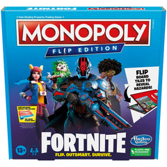 Hasbro Monopoly Flip Edition Fortnite board shows dynamic gameplay for family nights.