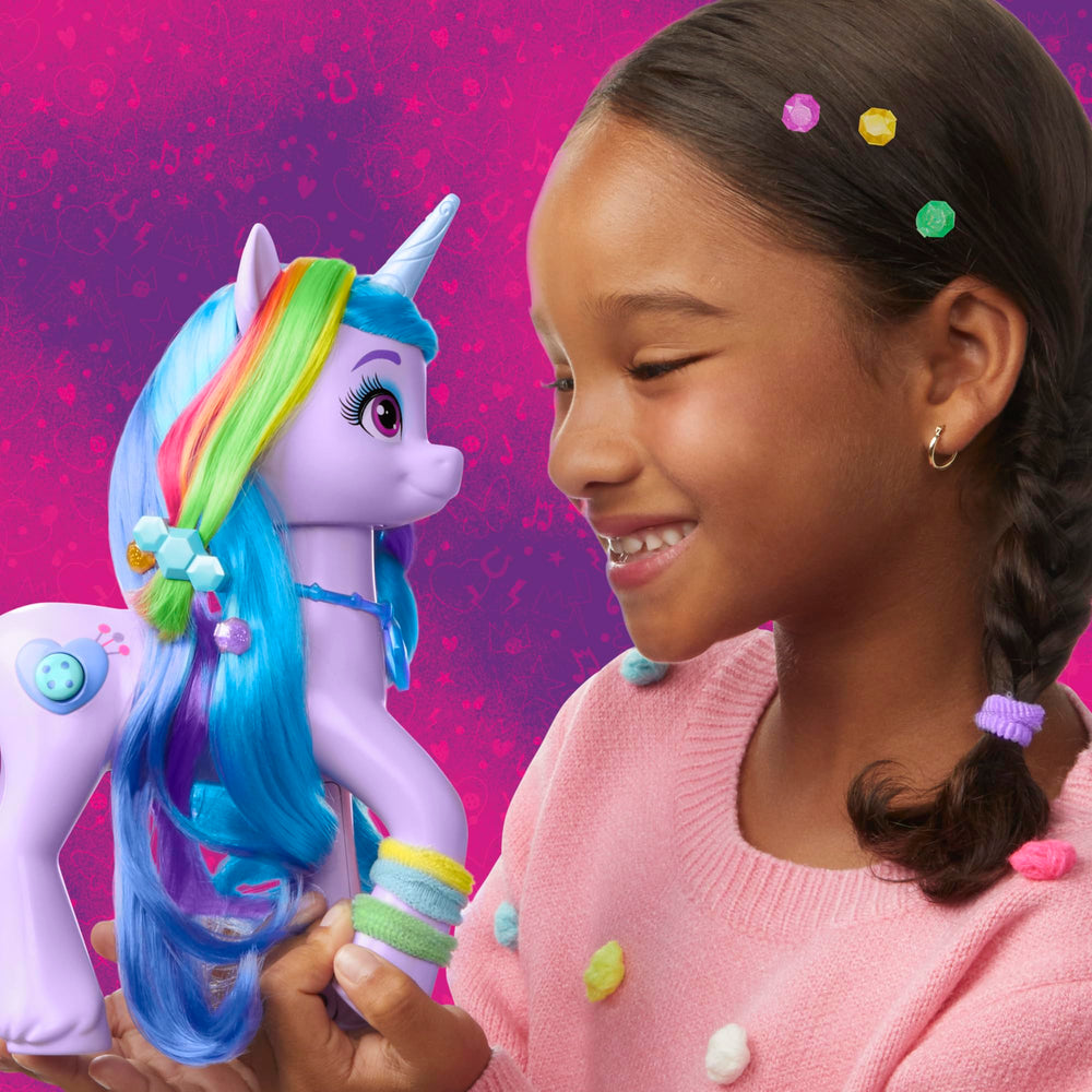 Hasbro Izzy Moonbow rainbow hair length adjustable with purple ribbon