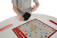 Hasbro Scrabble box offers durable storage and quick setup.