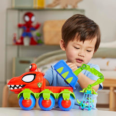 Hasbro Spidey Dinowebs Crawler flip wheels enable pretend flying and fast chases.