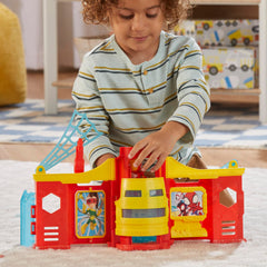 Hasbro Spidey Stark Tower folds compactly for easy storage.