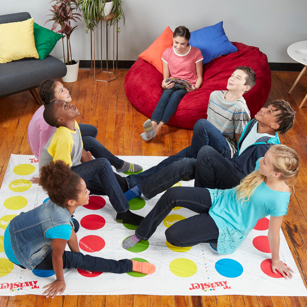 Hasbro Twister Ultimate indoor-outdoor use on smooth surfaces.