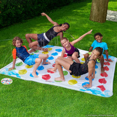 Hasbro Twister Ultimate Splash in action with players twisting on a sprayed surface.