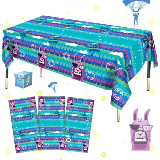 Haxpacal llama-themed tablecloth covers tables during a game night party.