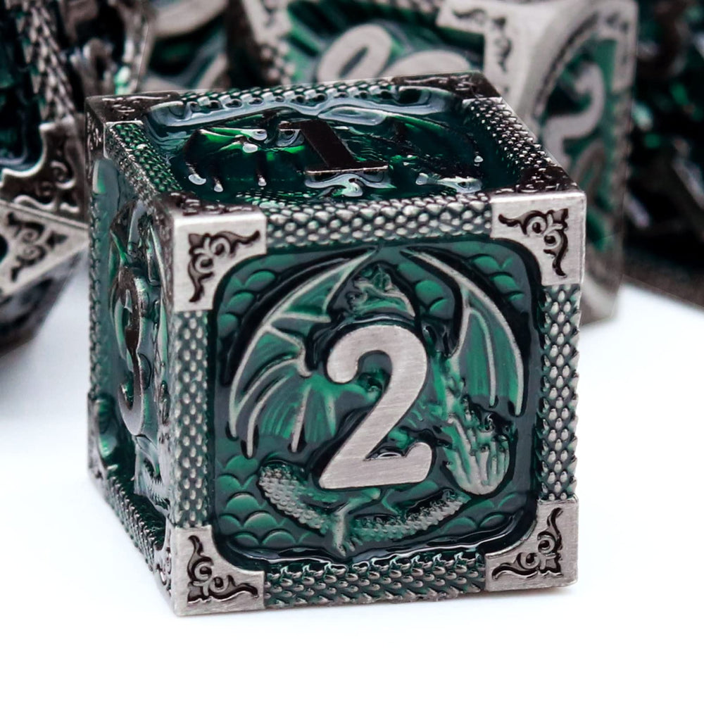 Haxtec DND dice set in green metal finish for immersive sessions
