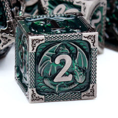 Haxtec DND dice set in green metal finish for immersive sessions