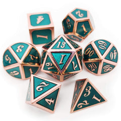 Haxtec DND metal dice set in copper-teal with rosegold numerals for tabletop play