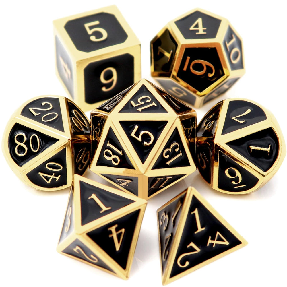 Haxtec DND metal dice set en dorado y negro con D20, ideal para campañas inmersivas