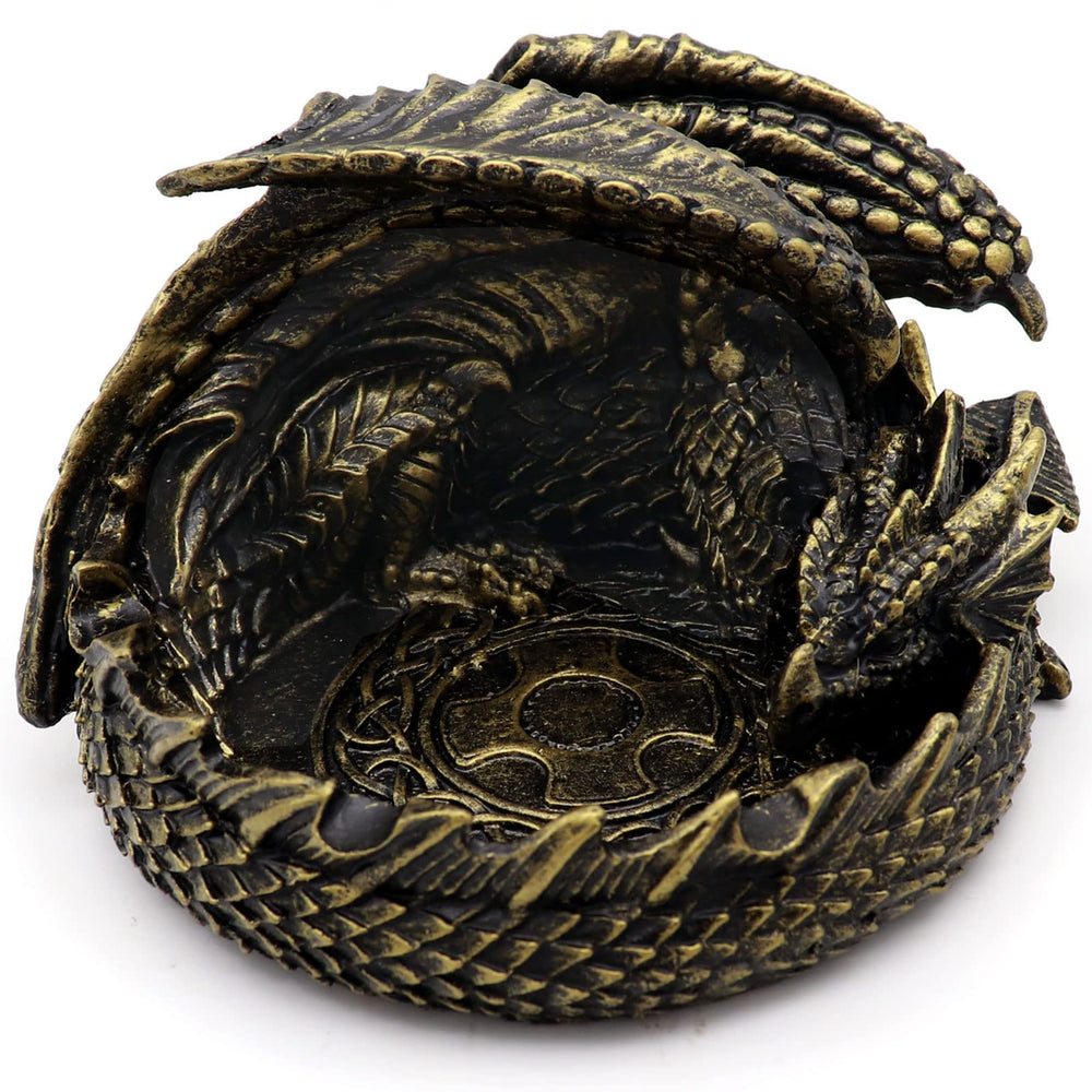 Haxtec Dragon Dice Guardian on antique bronze tray, ideal for dice storage.