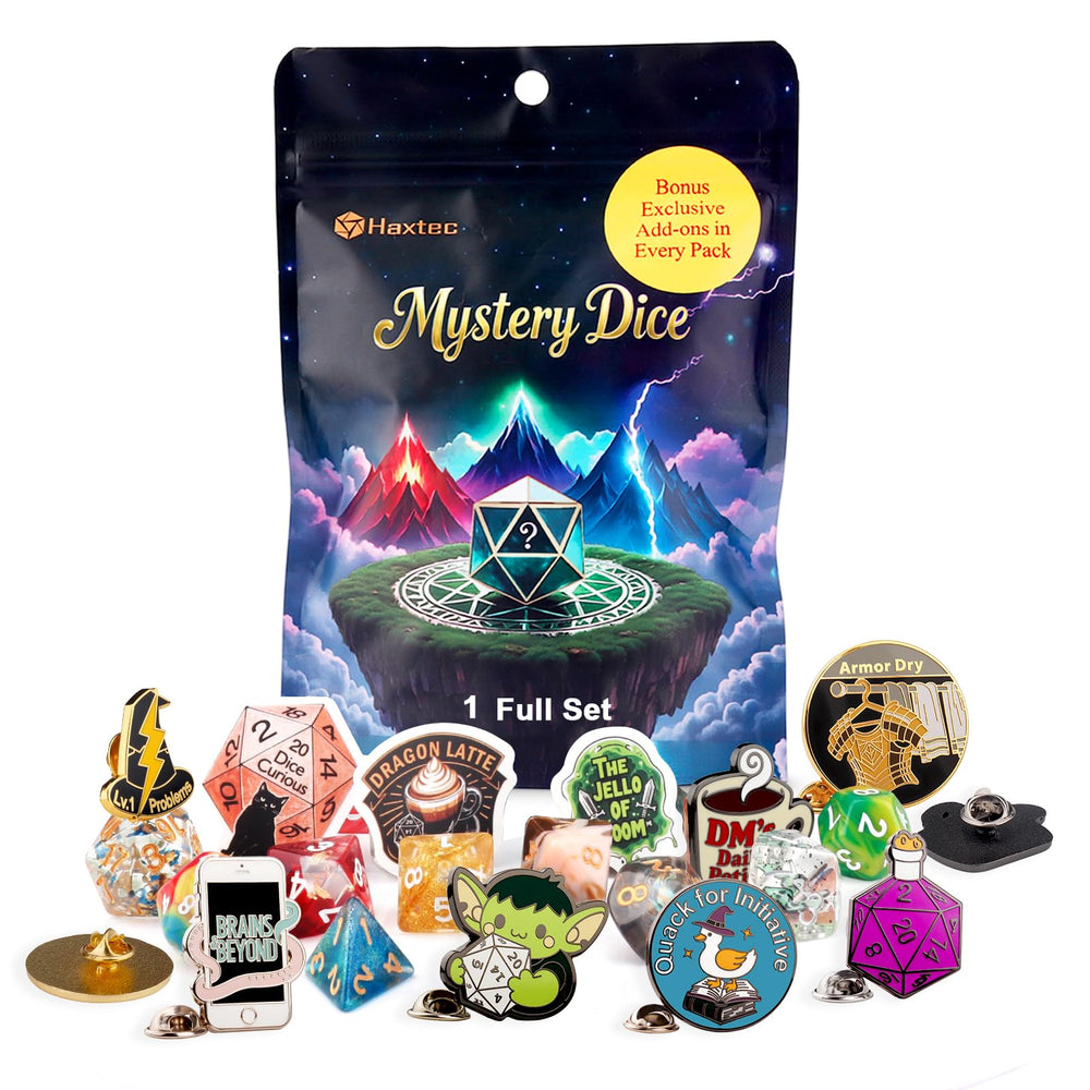 Haxtec Mystery Dice Set — full 7-dice display, ideal for quick rolls in D&D campaigns