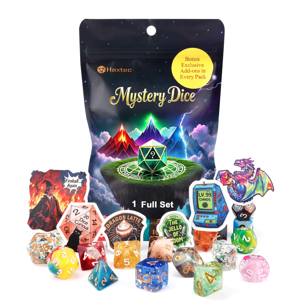 Haxtec Mystery Dice Set with varied patterns for immersive D&D gameplay.