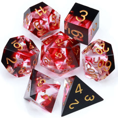 Haxtec resin dice close-up showing swirling patterns for dramatic rolls.