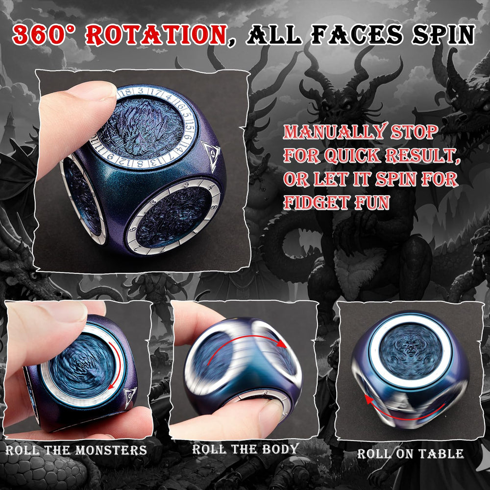 Haxtec Spinner Dice 7-in-1 brass close-up shows detailed monster engravings for immersion.