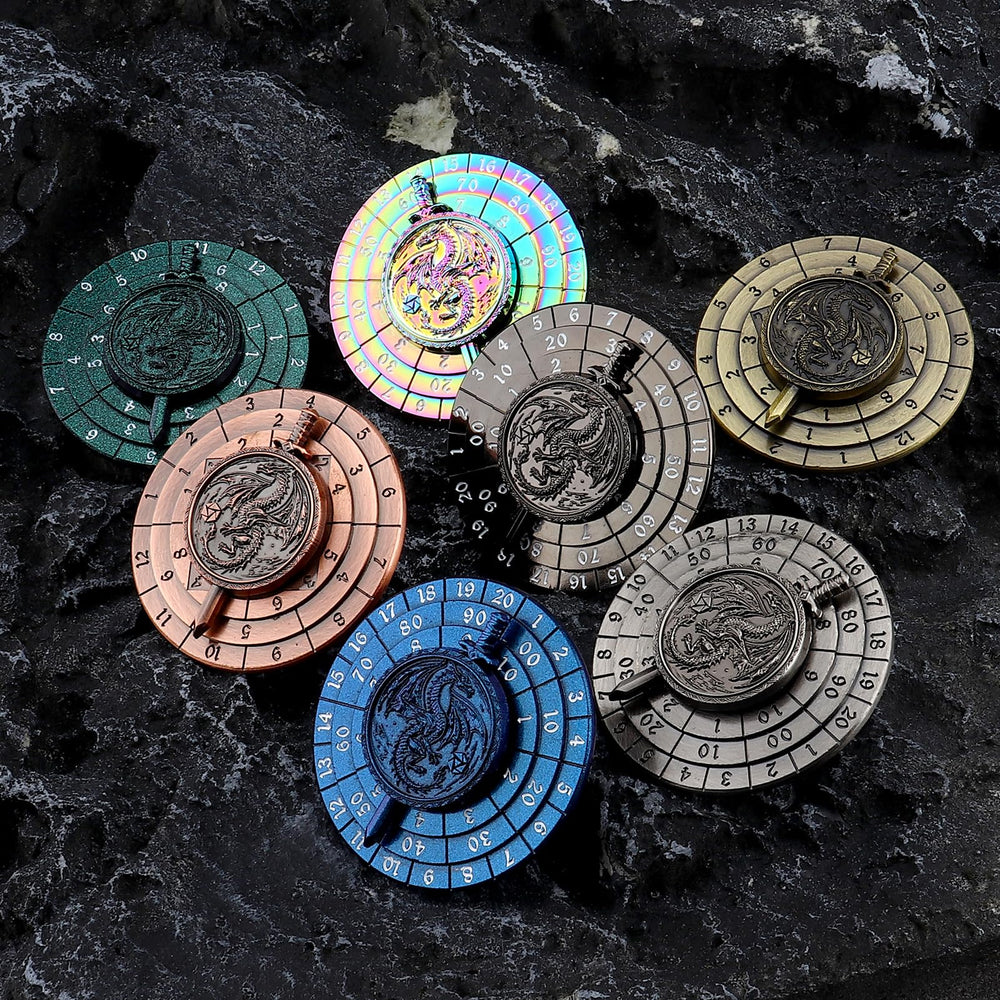 Haxtec dragon-themed spinner dice ready for D&D adventures