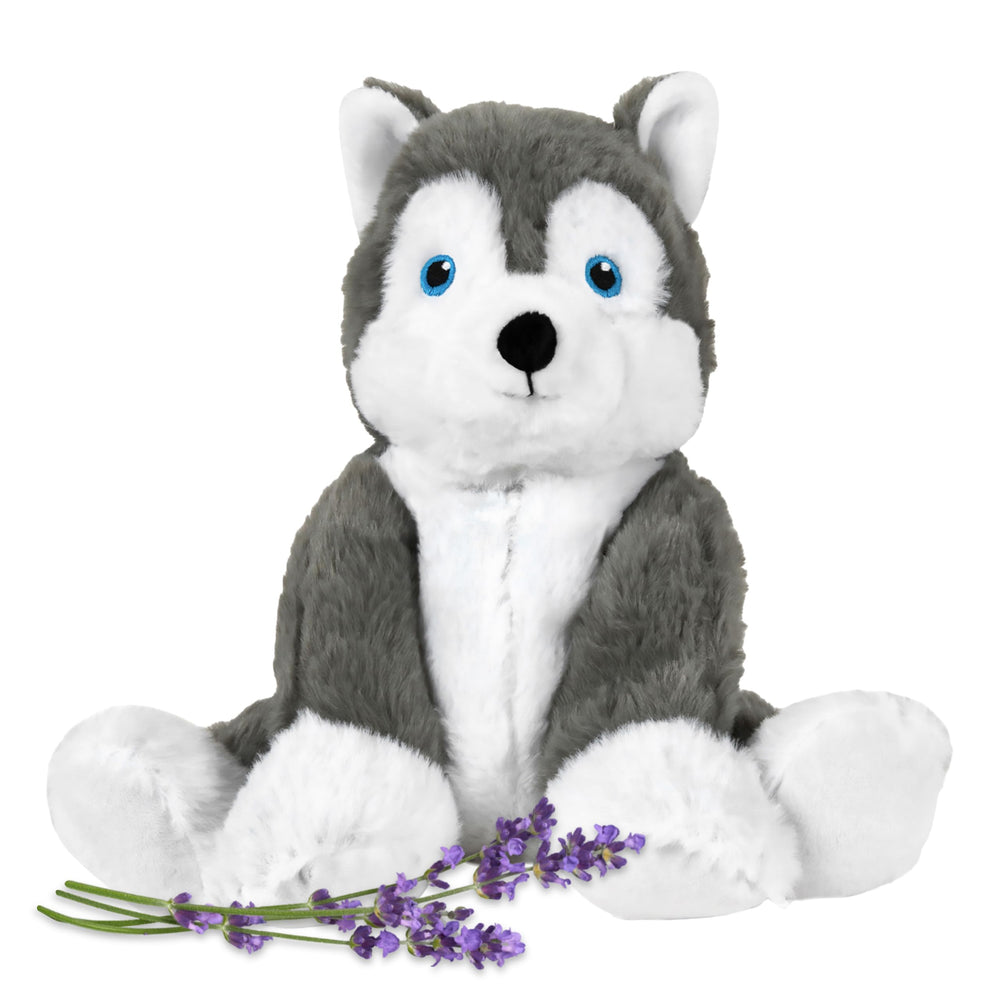 Hayes Husky plush face close-up showing soft fabric for cozy cuddles.