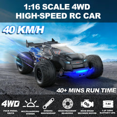 Hayxun 1:16-scale RC car side view shows rugged chassis ready for all-terrain use.