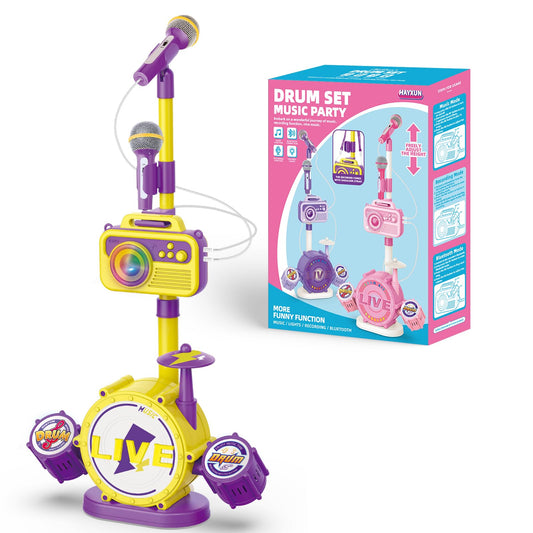 HAYXUN kids karaoke microphone on adjustable stand allowing growing performers to sing comfortably.