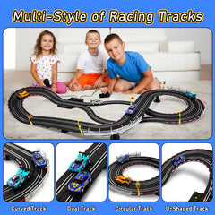 HAYXUN slot cars 1:43 scale with built-in headlights speeding on track for immersive night racing