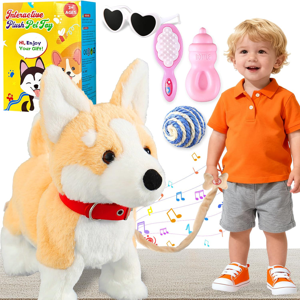 HCdoujoy Corgi walking dog toy in motion for imaginative strolls and pretend play.
